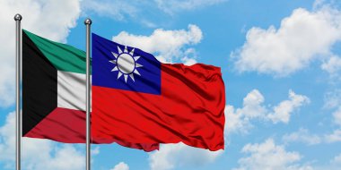 Kuveyt ve Tayvan bayrağı birlikte beyaz bulutlu mavi gökyüzüne karşı rüzgarsal sallayarak. Diplomasi kavramı, uluslararası ilişkiler.