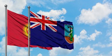 Kırgızistan ve Montserrat bayrağı birlikte beyaz bulutlu mavi gökyüzüne karşı rüzgarda sallayarak. Diplomasi kavramı, uluslararası ilişkiler.