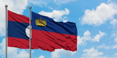 Laos ve Liechtenstein bayrağı birlikte beyaz bulutlu mavi gökyüzüne karşı rüzgarda sallayarak. Diplomasi kavramı, uluslararası ilişkiler.