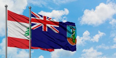 Lübnan ve Montserrat bayrağı birlikte beyaz bulutlu mavi gökyüzüne karşı rüzgarda sallayarak. Diplomasi kavramı, uluslararası ilişkiler.