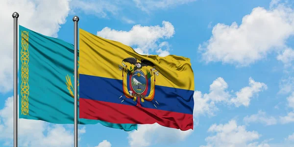 Kazakhstan and Ecuador flag waving in the wind against white cloudy blue sky together. Diplomacy concept, international relations. — Stock Photo, Image