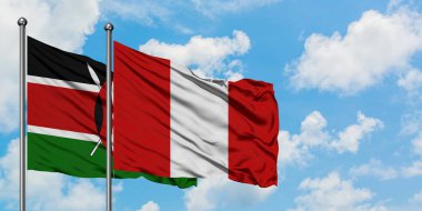 Kenya ve Peru bayrağı birlikte beyaz bulutlu mavi gökyüzüne karşı rüzgarda sallayarak. Diplomasi kavramı, uluslararası ilişkiler.