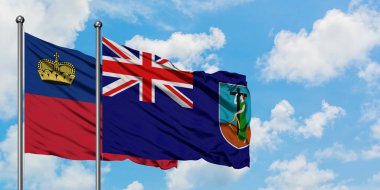 Liechtenstein ve Montserrat bayrağı birlikte beyaz bulutlu mavi gökyüzüne karşı rüzgarda sallayarak. Diplomasi kavramı, uluslararası ilişkiler.