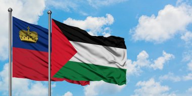 Lihtenştayn ve Filistin bayrağı birlikte beyaz bulutlu mavi gökyüzüne karşı rüzgarda sallayarak. Diplomasi kavramı, uluslararası ilişkiler.