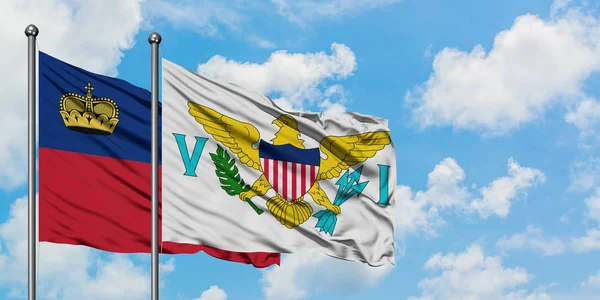 Liechtenstein och Amerikanska Jungfruöarna flagga vifta i vinden mot vit grumlig blå himmel tillsammans. Diplomatisk koncept, internationella relationer. — Stockfoto