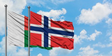 Madagaskar ve Bouvet Adaları bayrağı birlikte beyaz bulutlu mavi gökyüzüne karşı rüzgarda sallayarak. Diplomasi kavramı, uluslararası ilişkiler.