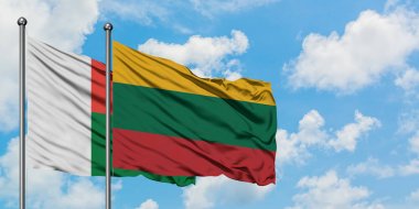 Madagaskar ve Litvanya bayrağı birlikte beyaz bulutlu mavi gökyüzüne karşı rüzgarda sallayarak. Diplomasi kavramı, uluslararası ilişkiler.
