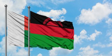 Madagaskar ve Malavi bayrağı birlikte beyaz bulutlu mavi gökyüzüne karşı rüzgarda sallayarak. Diplomasi kavramı, uluslararası ilişkiler.