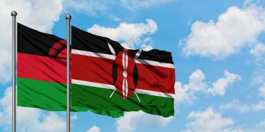 Malavi ve Kenya bayrağı birlikte beyaz bulutlu mavi gökyüzüne karşı rüzgarda sallayarak. Diplomasi kavramı, uluslararası ilişkiler.