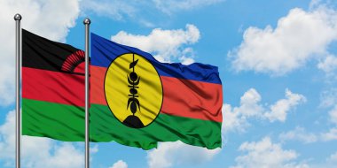 Malavi ve Yeni Kaledonya bayrağı birlikte beyaz bulutlu mavi gökyüzüne karşı rüzgarda sallayarak. Diplomasi kavramı, uluslararası ilişkiler.