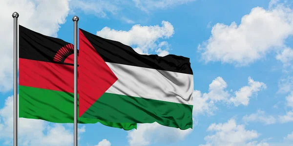 Bandera de Malawi y Palestina ondeando en el viento contra el cielo azul nublado blanco juntos. Concepto diplomático, relaciones internacionales . — Foto de Stock