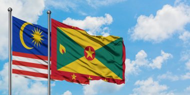 Malezya ve Grenada bayrağı birlikte beyaz bulutlu mavi gökyüzüne karşı rüzgarda sallayarak. Diplomasi kavramı, uluslararası ilişkiler.