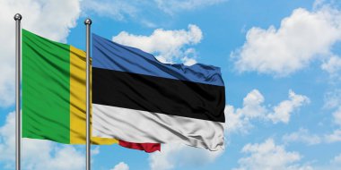 Mali ve Estonya bayrağı birlikte beyaz bulutlu mavi gökyüzüne karşı rüzgarda sallayarak. Diplomasi kavramı, uluslararası ilişkiler.