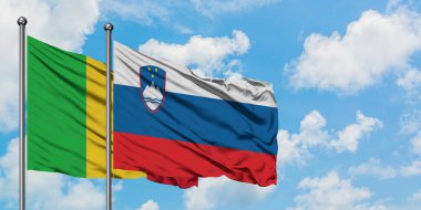 Mali ve Slovenya bayrağı birlikte beyaz bulutlu mavi gökyüzüne karşı rüzgarda sallayarak. Diplomasi kavramı, uluslararası ilişkiler.