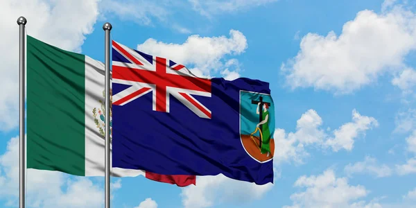 Bandera de México y Montserrat ondeando en el viento contra el cielo azul nublado blanco juntos. Concepto diplomático, relaciones internacionales . — Foto de Stock