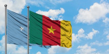 Mikronezya ve Kamerun bayrağı birlikte beyaz bulutlu mavi gökyüzüne karşı rüzgarda sallayarak. Diplomasi kavramı, uluslararası ilişkiler.