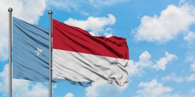 Mikronezya ve Endonezya bayrağı birlikte beyaz bulutlu mavi gökyüzüne karşı rüzgarsal sallayarak. Diplomasi kavramı, uluslararası ilişkiler.