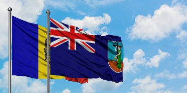 Moldova ve Montserrat bayrağı birlikte beyaz bulutlu mavi gökyüzüne karşı rüzgarda sallayarak. Diplomasi kavramı, uluslararası ilişkiler.