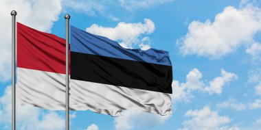 Monako ve Estonya bayrağı birlikte beyaz bulutlu mavi gökyüzüne karşı rüzgarsal sallayarak. Diplomasi kavramı, uluslararası ilişkiler.