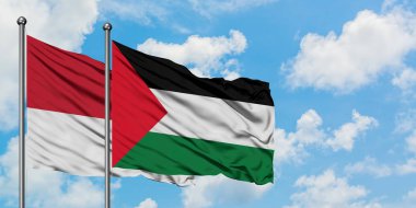 Monako ve Filistin bayrağı birlikte beyaz bulutlu mavi gökyüzüne karşı rüzgarda sallayarak. Diplomasi kavramı, uluslararası ilişkiler.