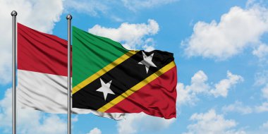 Monako ve Saint Kitts ve Nevis bayrağı birlikte beyaz bulutlu mavi gökyüzüne karşı rüzgarda sallayarak. Diplomasi kavramı, uluslararası ilişkiler.