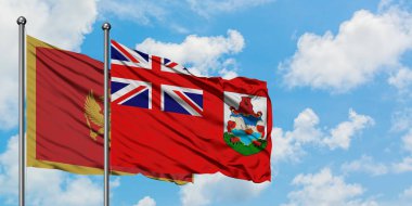 Karadağ ve Bermuda bayrağı birlikte beyaz bulutlu mavi gökyüzüne karşı rüzgarda sallayarak. Diplomasi kavramı, uluslararası ilişkiler.