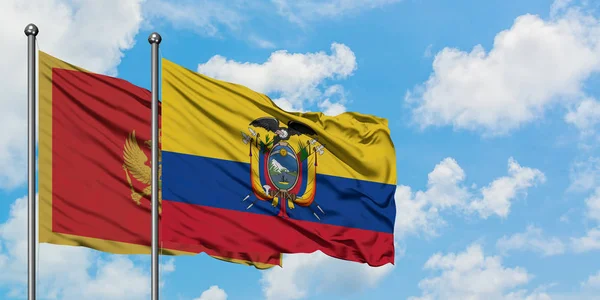 Bandera de Montenegro y Ecuador ondeando en el viento contra el cielo azul nublado blanco juntos. Concepto diplomático, relaciones internacionales . — Foto de Stock