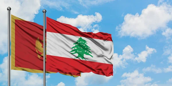 Bandera de Montenegro y Líbano ondeando en el viento contra el cielo azul nublado blanco juntos. Concepto diplomático, relaciones internacionales . — Foto de Stock