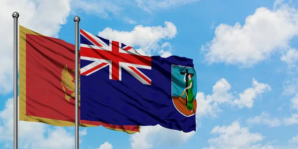 Montenegro y la bandera de Montserrat ondeando en el viento contra el cielo azul nublado blanco juntos. Concepto diplomático, relaciones internacionales . — Foto de Stock