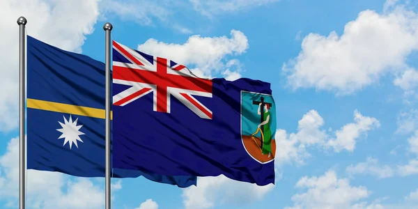 나우루와 몬세라트 깃발이 하얀 흐린 푸른 하늘을 배경으로 바람에 흔들리고 있습니다. 외교 개념, 국제 관계. — 스톡 사진