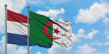 Hollanda ve Cezayir bayrağı birlikte beyaz bulutlu mavi gökyüzüne karşı rüzgarsal sallayarak. Diplomasi kavramı, uluslararası ilişkiler.