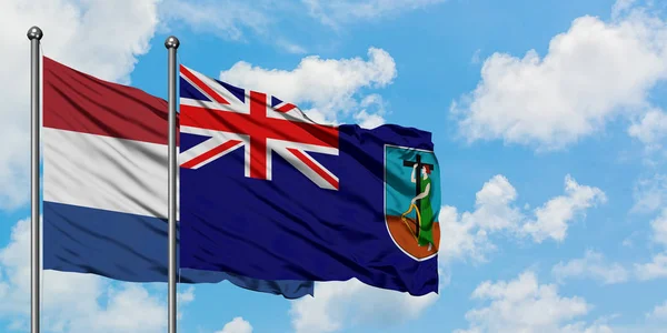 Paesi Bassi e Montserrat sventolano insieme la bandiera contro il bianco cielo azzurro nuvoloso. Concetto di diplomazia, relazioni internazionali . — Foto Stock