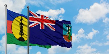 Yeni Kaledonya ve Montserrat bayrağı birlikte beyaz bulutlu mavi gökyüzüne karşı rüzgarda sallayarak. Diplomasi kavramı, uluslararası ilişkiler.