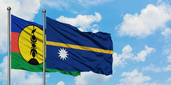 뉴 칼레도니아와 나우루 깃발이 함께 하얀 흐린 푸른 하늘에 바람을 흔들고. 외교 개념, 국제 관계. — 스톡 사진