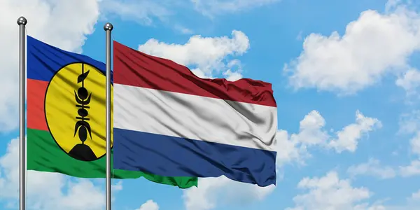 Neukaledonien und Niederländische Flagge wehen gemeinsam im Wind vor weißem wolkenlosem blauen Himmel. Diplomatie-Konzept, internationale Beziehungen. — Stockfoto