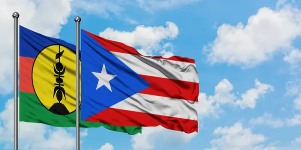 一緒に白い曇った青い空に対して風に手を振るニューカレドニアとプエルトリコの旗。外交概念、国際関係. — ストック写真