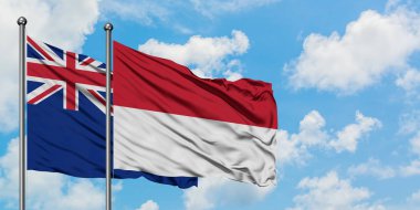 Yeni Zelanda ve Endonezya bayrağı birlikte beyaz bulutlu mavi gökyüzüne karşı rüzgarsal sallayarak. Diplomasi kavramı, uluslararası ilişkiler.