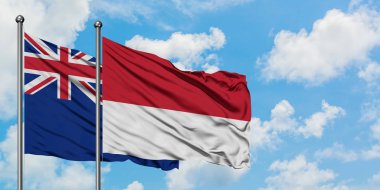 Yeni Zelanda ve Monako bayrağı birlikte beyaz bulutlu mavi gökyüzüne karşı rüzgarda sallayarak. Diplomasi kavramı, uluslararası ilişkiler.