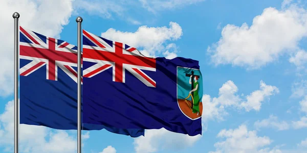 Bandeira da Nova Zelândia e Montserrat agitando no vento contra o céu azul nublado branco juntos. Conceito de diplomacia, relações internacionais . — Fotografia de Stock