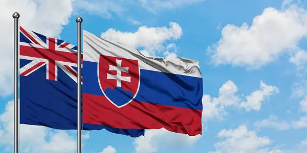 Nya Zeeland och Slovakien flagga vifta i vinden mot vit grumlig blå himmel tillsammans. Diplomatisk koncept, internationella relationer. — Stockfoto