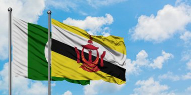 Pakistan ve Brunei bayrağı birlikte beyaz bulutlu mavi gökyüzüne karşı rüzgarda sallayarak. Diplomasi kavramı, uluslararası ilişkiler.