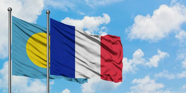 Palau és Reunion zászló integetett a szél ellen, fehér felhős kék ég együtt. Diplomáciai koncepció, nemzetközi kapcsolatok. — Stock Fotó