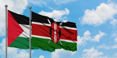 Filistin ve Kenya bayrağı birlikte beyaz bulutlu mavi gökyüzüne karşı rüzgarda sallayarak. Diplomasi kavramı, uluslararası ilişkiler.