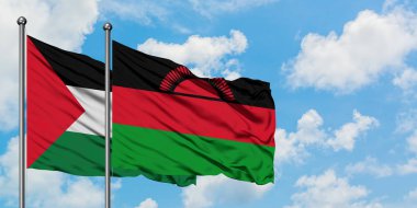 Filistin ve Malavi bayrağı birlikte beyaz bulutlu mavi gökyüzüne karşı rüzgarda sallayarak. Diplomasi kavramı, uluslararası ilişkiler.