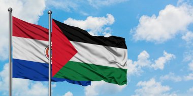 Paraguay ve Filistin bayrağı birlikte beyaz bulutlu mavi gökyüzüne karşı rüzgarda sallayarak. Diplomasi kavramı, uluslararası ilişkiler.