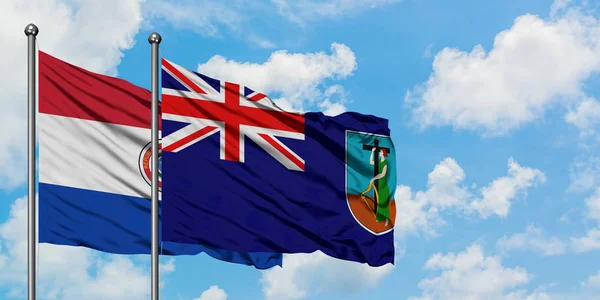 Bandera de Paraguay y Montserrat ondeando en el viento contra el cielo azul nublado blanco juntos. Concepto diplomático, relaciones internacionales . — Foto de Stock