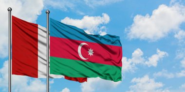 Peru ve Azerbaycan bayrağı havada havada sallanıyor. Diplomasi kavramı, uluslararası ilişkiler.