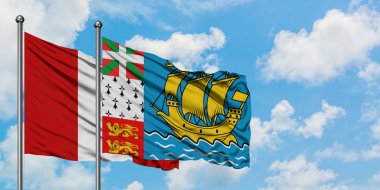 Peru ve Saint Pierre ve Miquelon bayrağı birlikte beyaz bulutlu mavi gökyüzüne karşı rüzgarda sallayarak. Diplomasi kavramı, uluslararası ilişkiler.