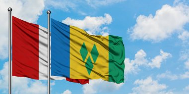 Peru ve Saint Vincent ve Grenadinler bayrağı birlikte beyaz bulutlu mavi gökyüzüne karşı rüzgarda sallayarak. Diplomasi kavramı, uluslararası ilişkiler.