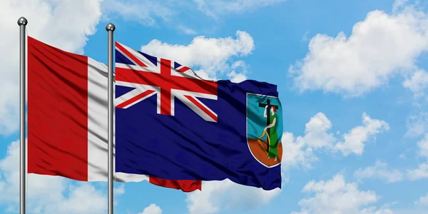 Bandera de Perú y Montserrat ondeando en el viento contra el cielo azul nublado blanco juntos. Concepto diplomático, relaciones internacionales . — Foto de Stock